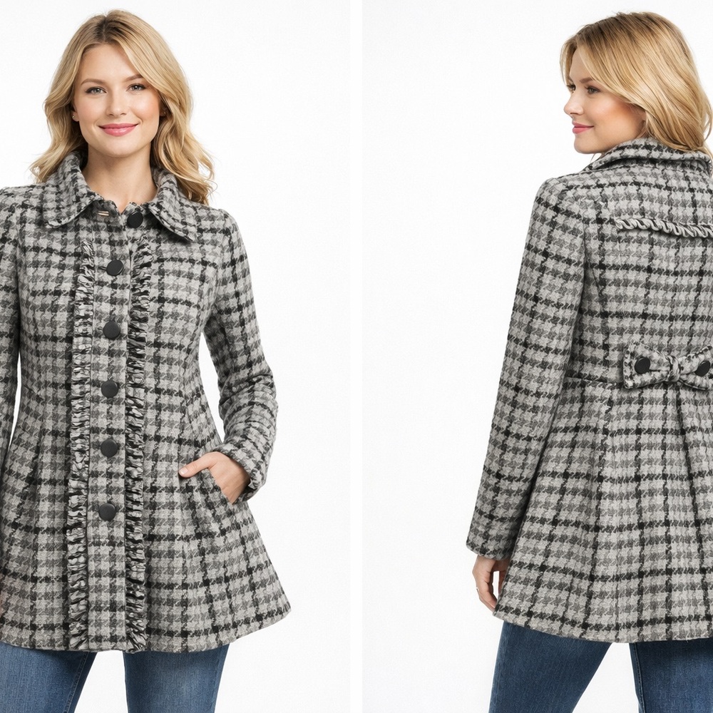 Rewind Women’s Houndstooth Coat Ruffle Trim Button Front Jacket Black Gray Sz S - Picture 2 of 14